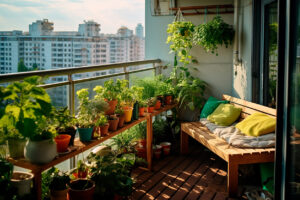terrasse avec banquette et plantes vertes